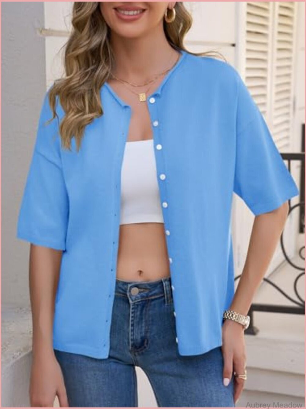 Short Sleeve Button Front Cardigan Lightweight Crew Neck Knit Sweater Top - Picture 5 of 7